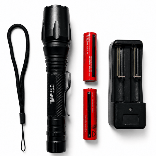 Taktische LED-Taschenlampe Black Airsoft Set mit Batterien und Ladegerät