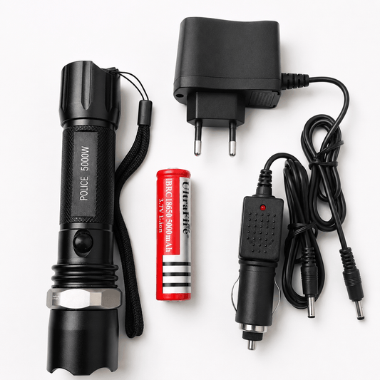 Taktische LED-Taschenlampe POLICE 5000W Black Airsoft Set mit Autoladegerät