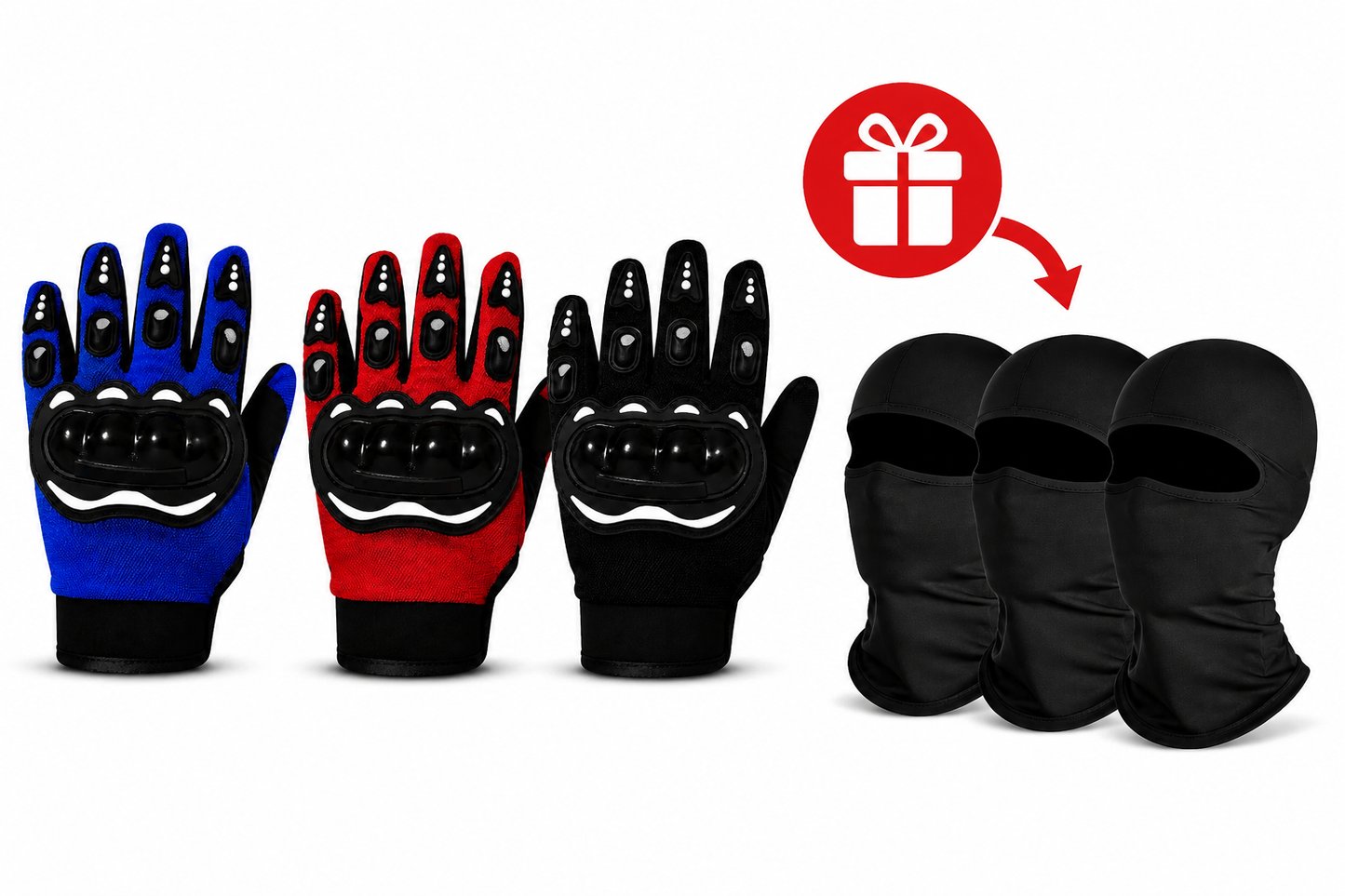Promo-Paket: Motorradhandschuhe mit harten Protektoren + 3 Hauben