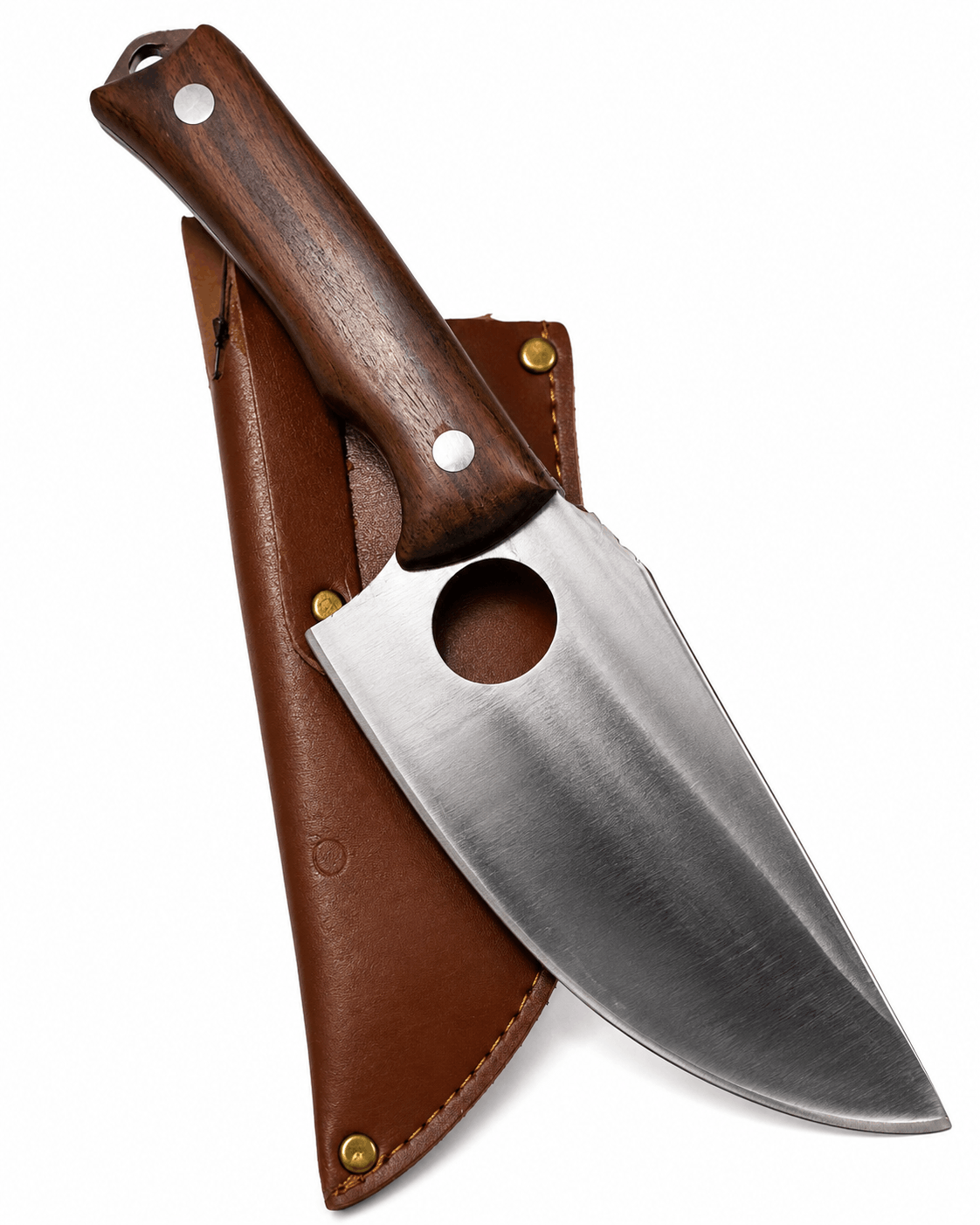 Jagdmesser mit Holzgriff und Lederscheide