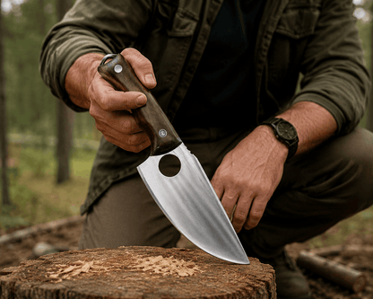 Jagdmesser mit Holzgriff und Lederscheide