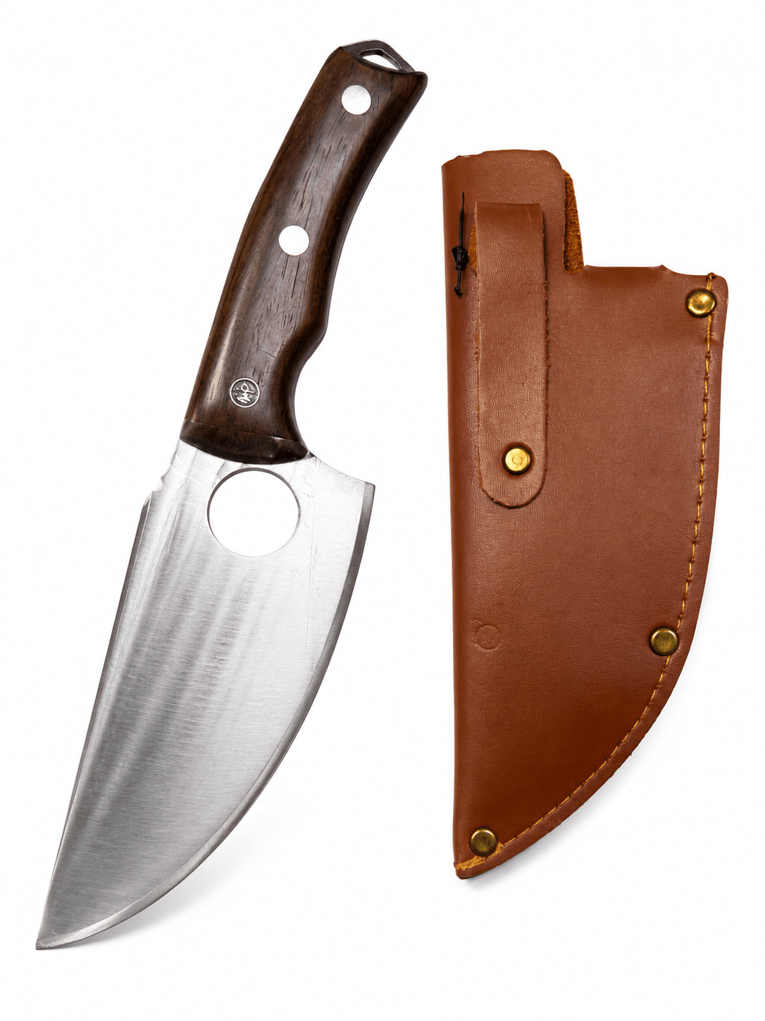 Jagdmesser mit Holzgriff und Lederscheide