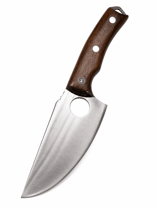 Jagdmesser mit Holzgriff und Lederscheide