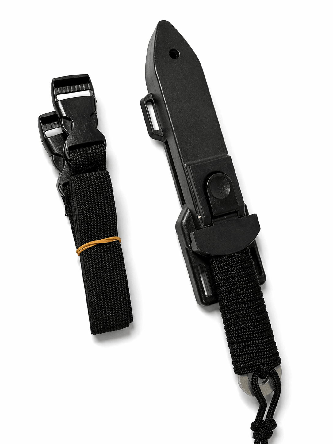 Taktisches Messer Black Airsoft zum verdeckten Tragen mit Scheide und elastischen Gurten