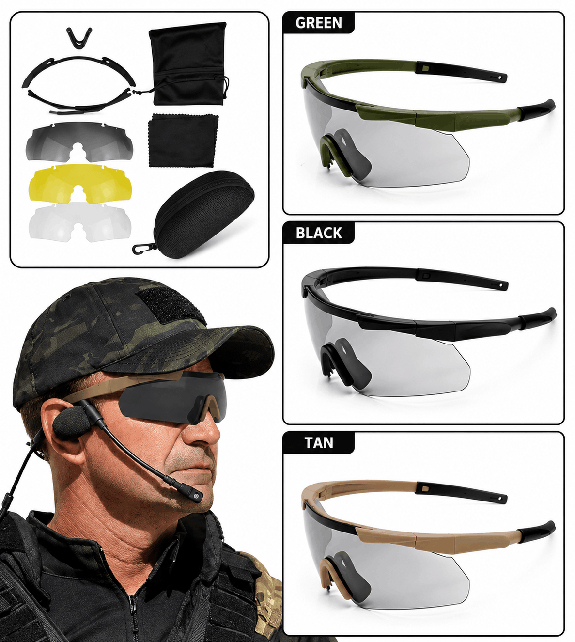 Taktische UV-Schutzbrille mit 3 austauschbaren Gläsern – schlagfest